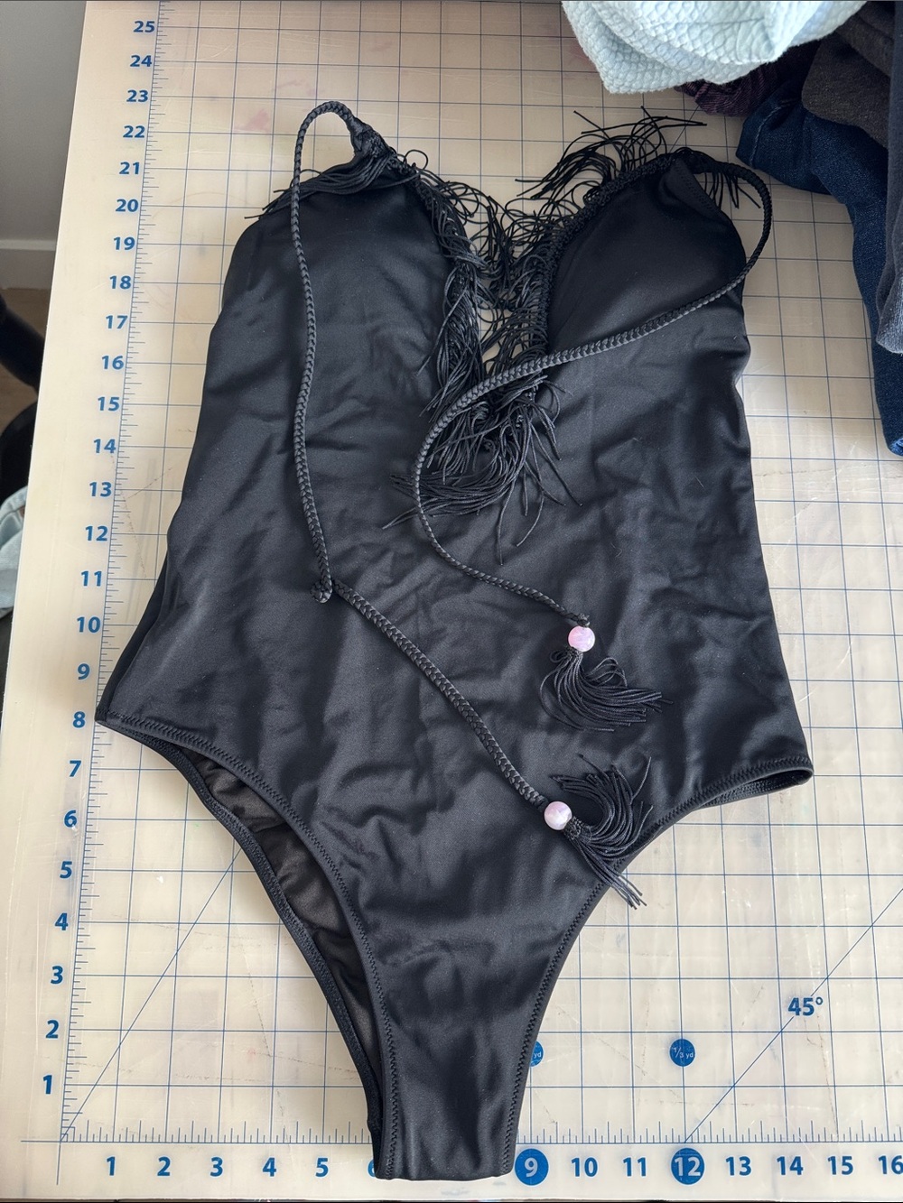 Women’s Black One-Piece Swimsuit with Tassel Detail
